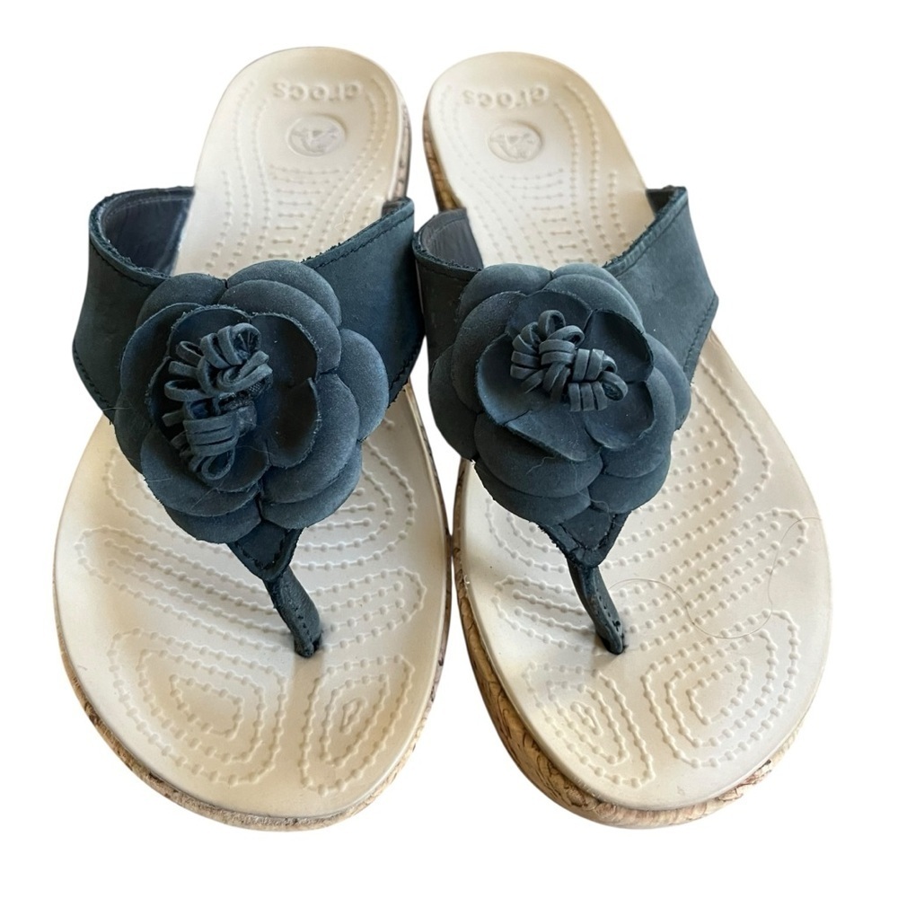 Crocs A Leigh Flower Leather  Cork Platform Wedge Black Flip Flop Slip On S SZ 7